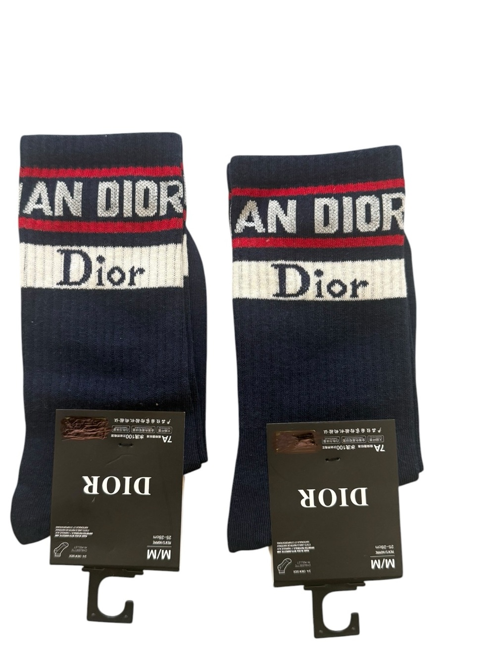 2 Pair Dior Men's Navy Crew Socks with White and Red Stripes